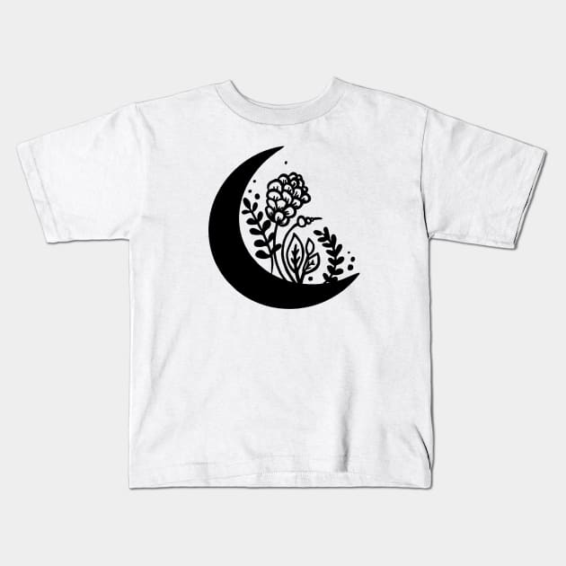 Boho Flower Moon Art T-Shirt Kids T-Shirt by OgogoPrintStudio